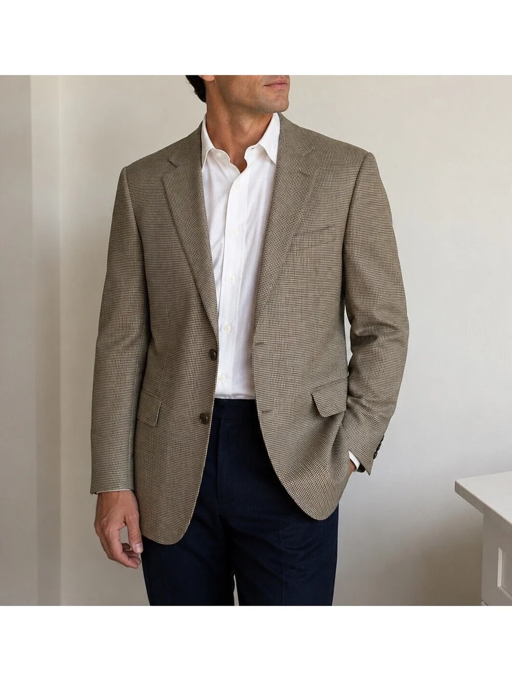 TravelSmith Beige Houndstooth Blazer 48R Men’s Sport Coat Classic Silk Wool Prep